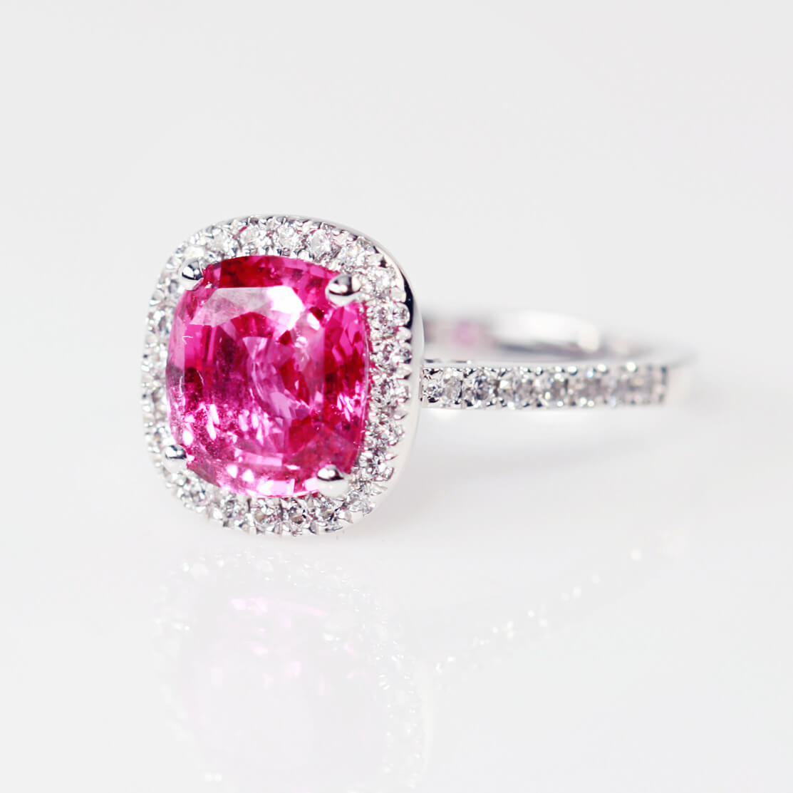 Cushion Pink Sapphire And Diamond Cluster  Ring